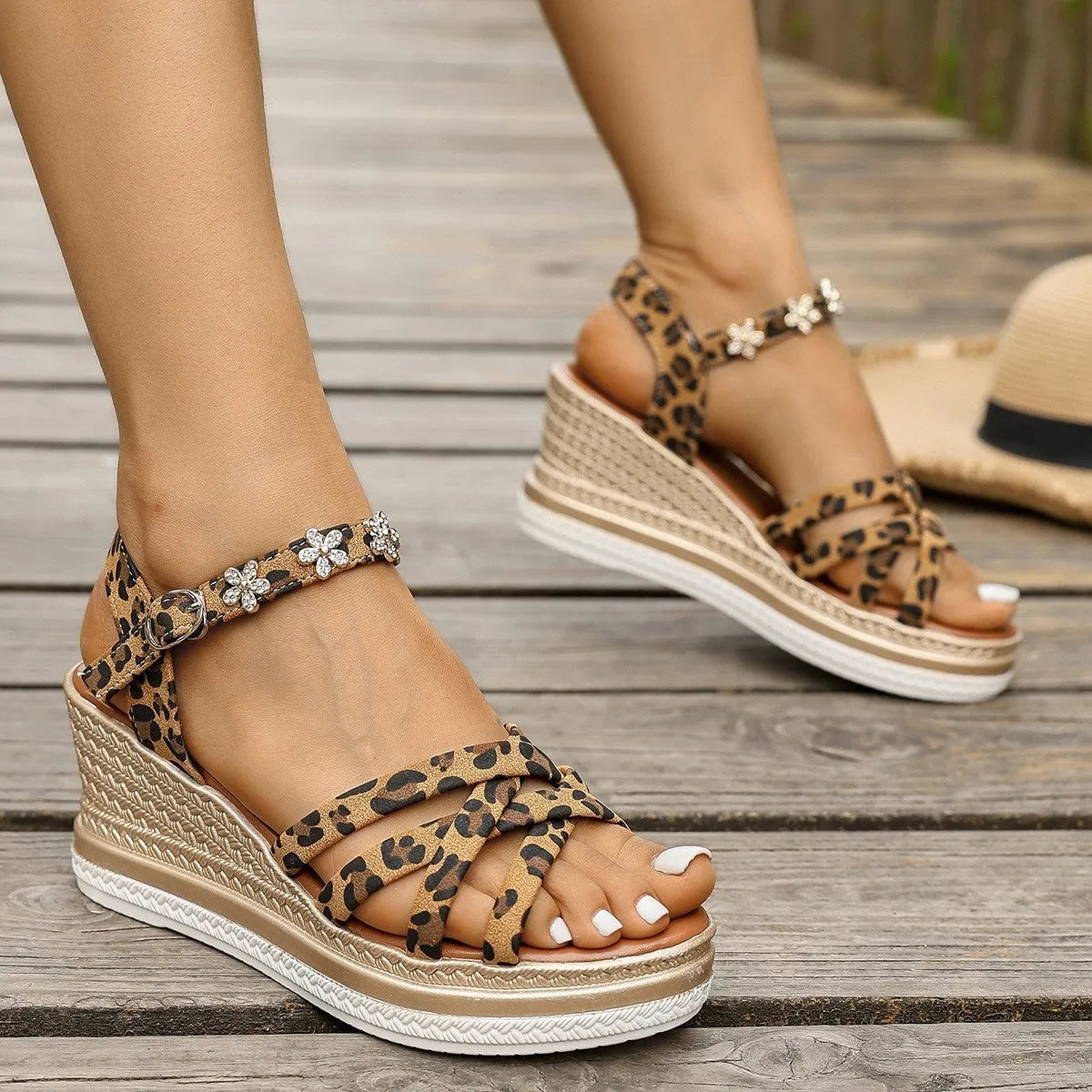 Light brown suede platform sandals with adjustable ankle buckle and open toe design