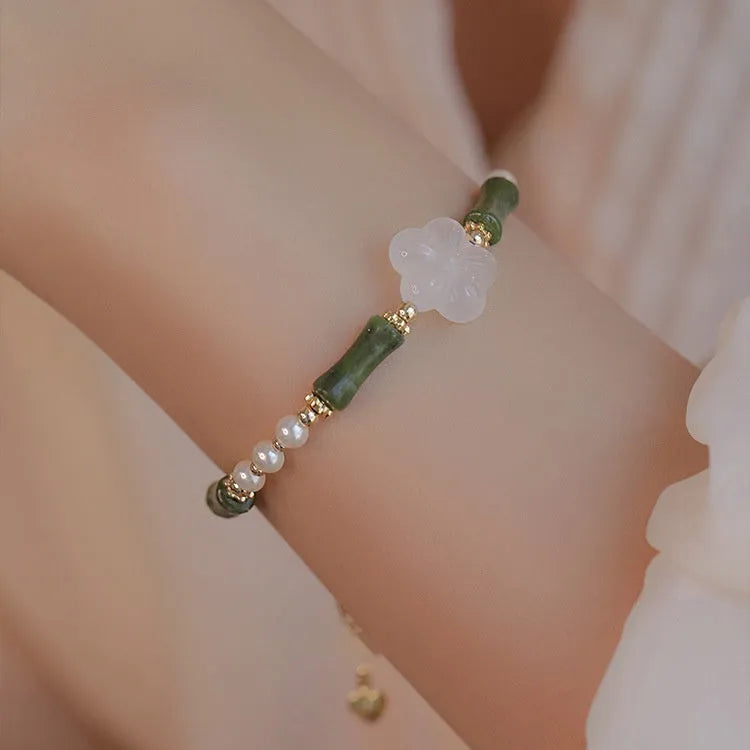 Olive green Hetian jade and copper bead bamboo joint bracelet with antique finish