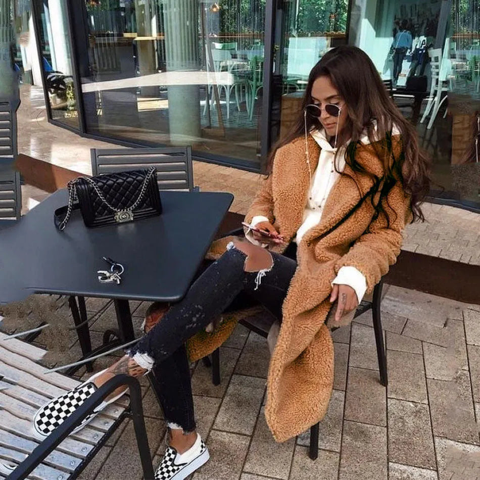 Women's double-sided lapel woolen coat in solid colour, medium length with pockets, casual autumn winter style