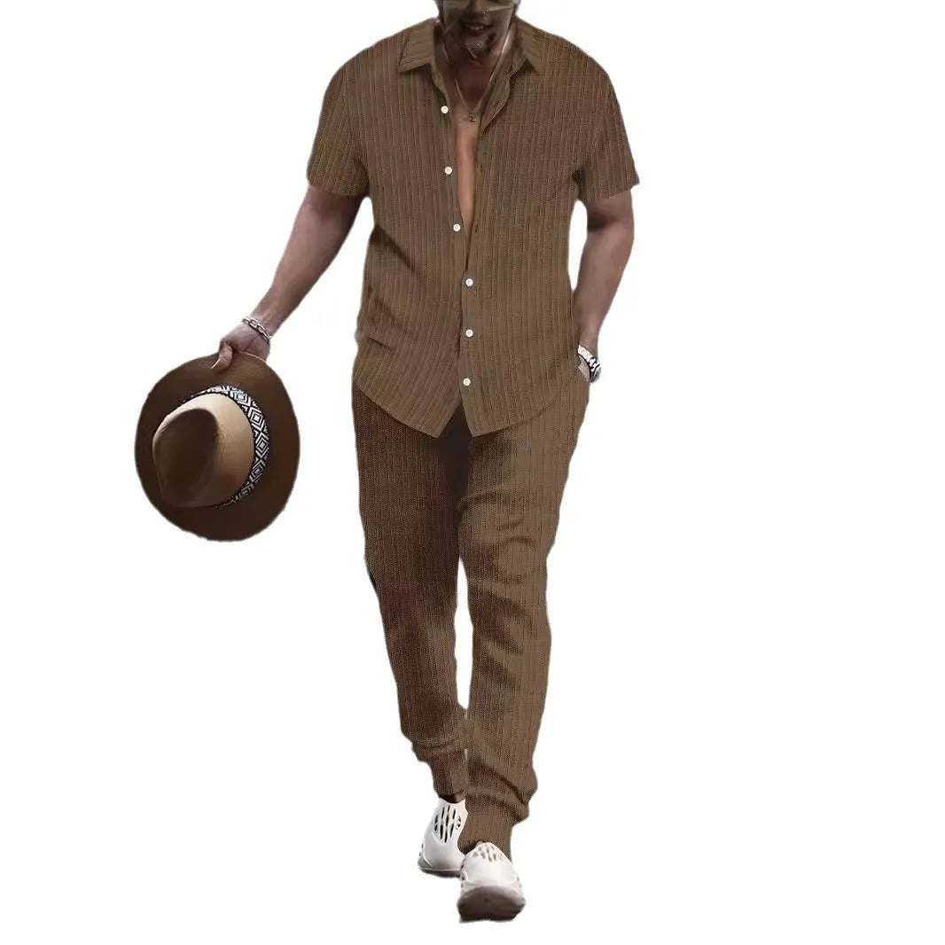 Men's casual shirt and trousers matching set in cotton blend fabric with short sleeves