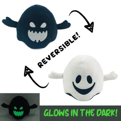 Reversible Halloween plush toy that can flip between a friendly ghost and playful pumpkin design