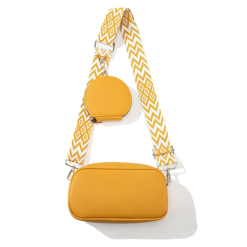 Women's soft PU crossbody bag in horizontal square shape showing internal zipper pocket and eight colour options