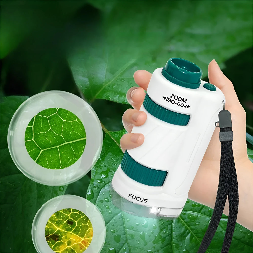 Portable microscope set with teaching aids and specimen slides for educational use in white-green colour
