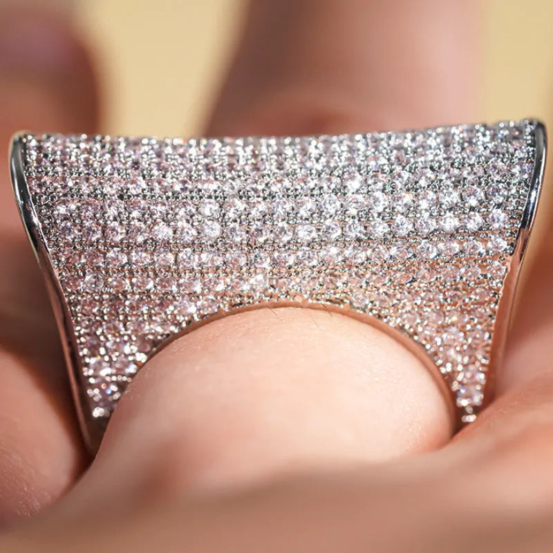 Cao Shi special-shaped full diamond ring for women, copper with white gold finish, inlaid zircon stones, available in sizes 6-10