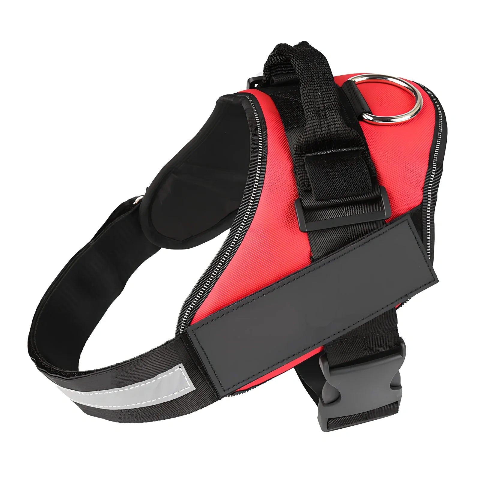 Adjustable reflective dog harness with top handle and metal D-ring for leash attachment