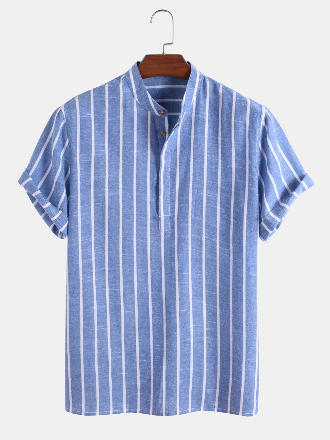 Men's striped casual short sleeve shirt in 100% cotton, available in white, red, gray, and blue.