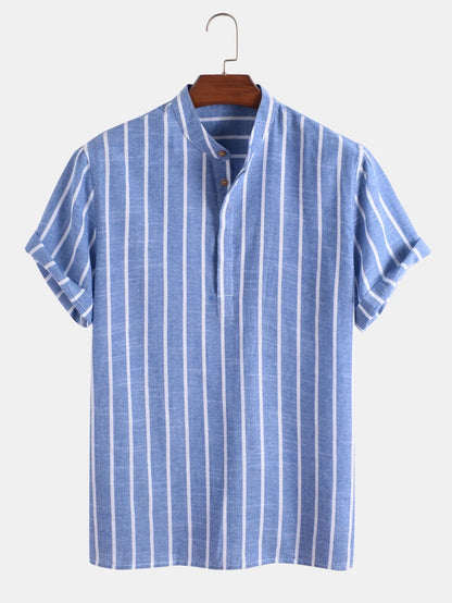 Men's striped casual short sleeve shirt in 100% cotton, available in white, red, gray, and blue.