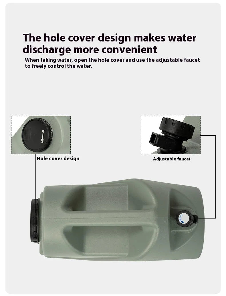 Green portable water storage tank in 13 litre snail design and 18 litre back design
