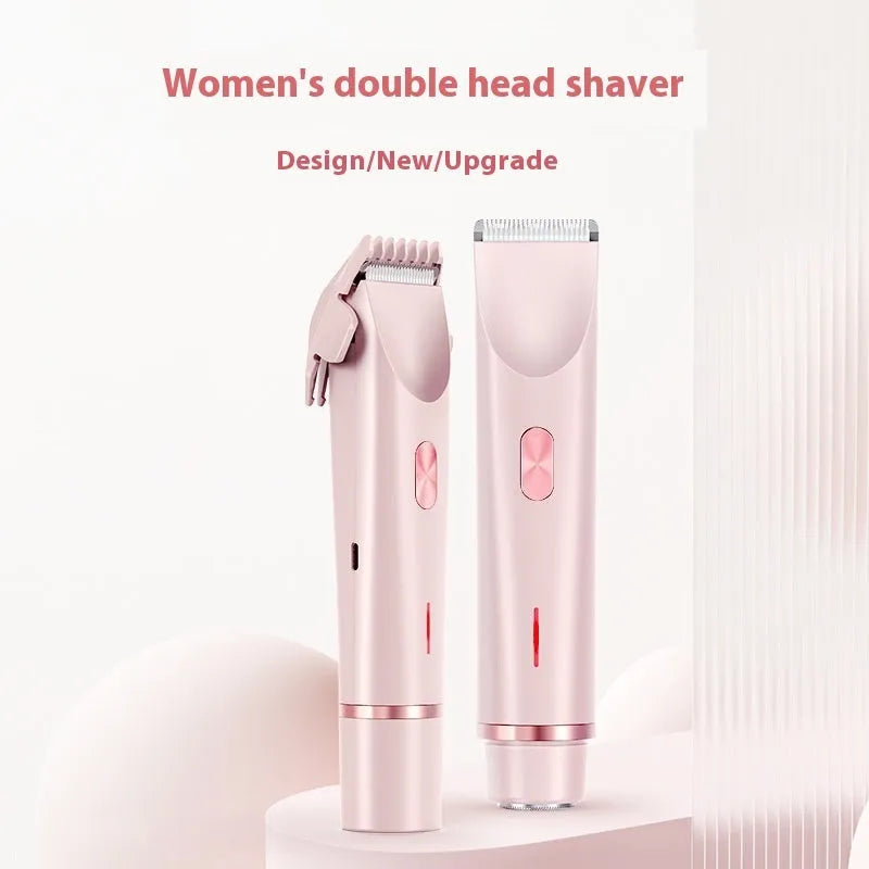 Pink women's electric hair trimmer with double head for body and pubic hair removal