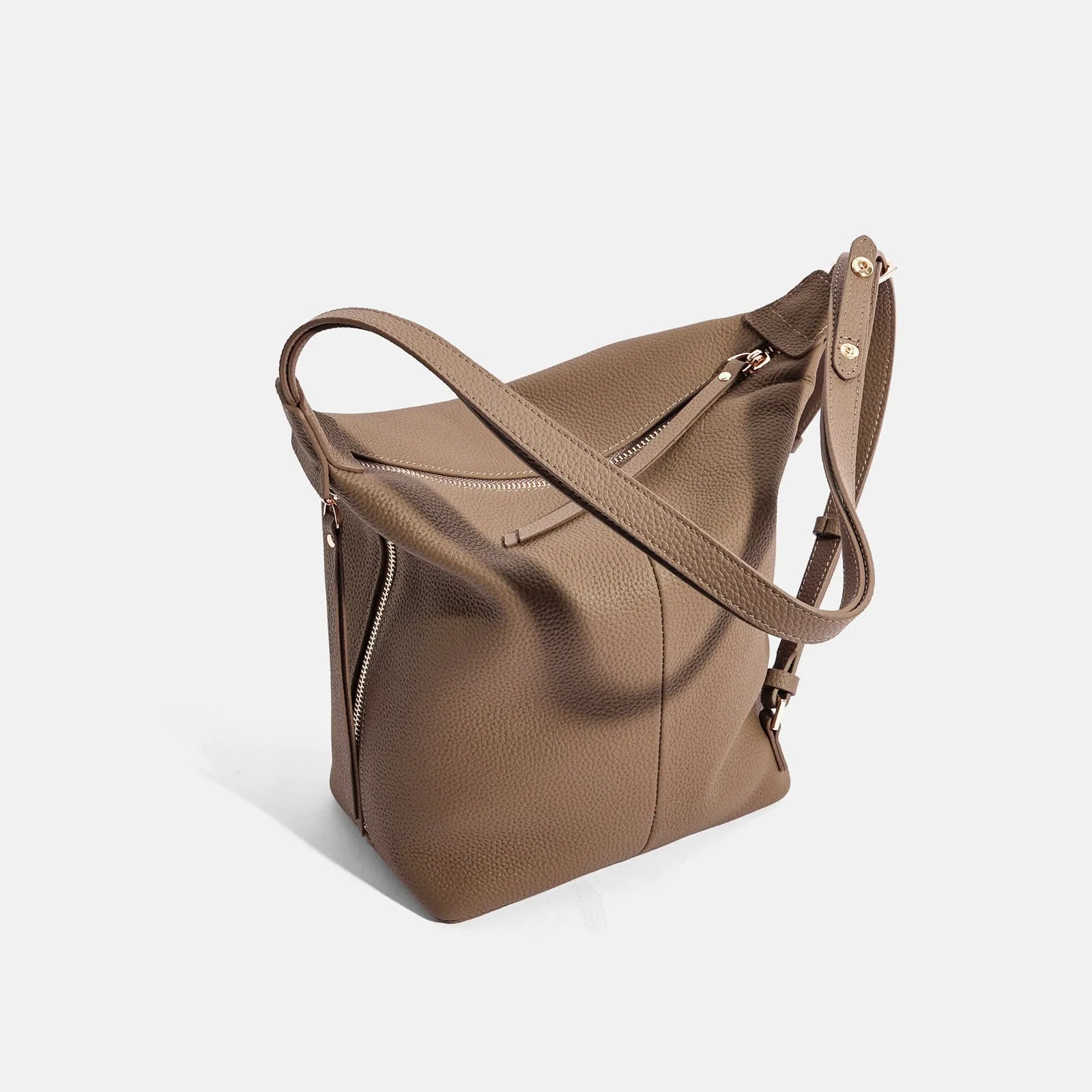 Women's genuine leather bucket bag in elephant grey with shoulder strap and casual bucket styling