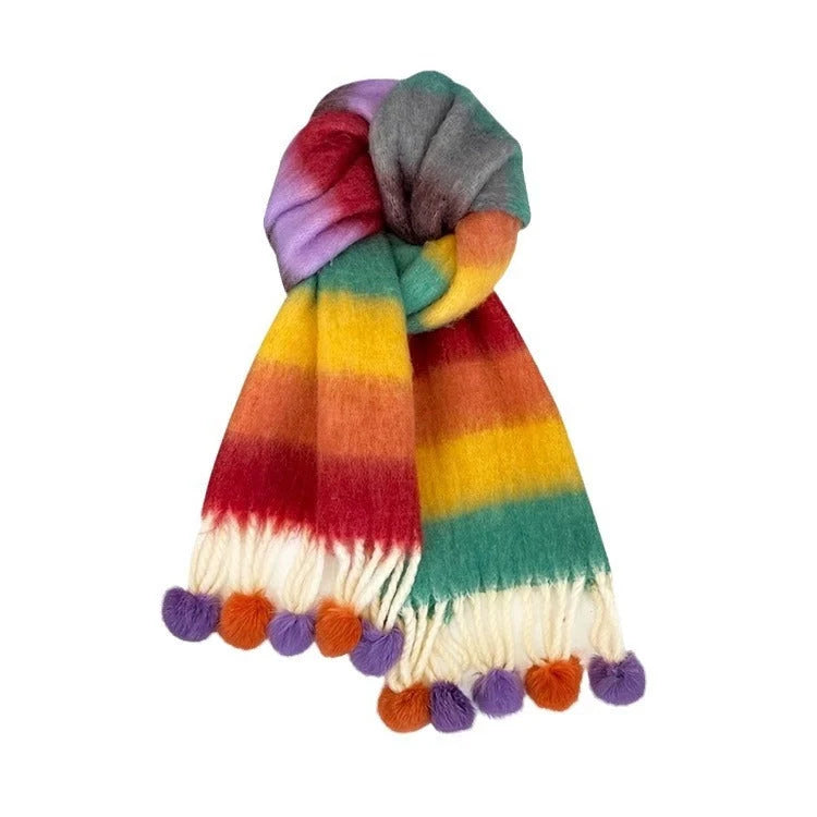Rainbow Dopamine Mohair Tassel Scarf in vibrant colours, perfect for winter