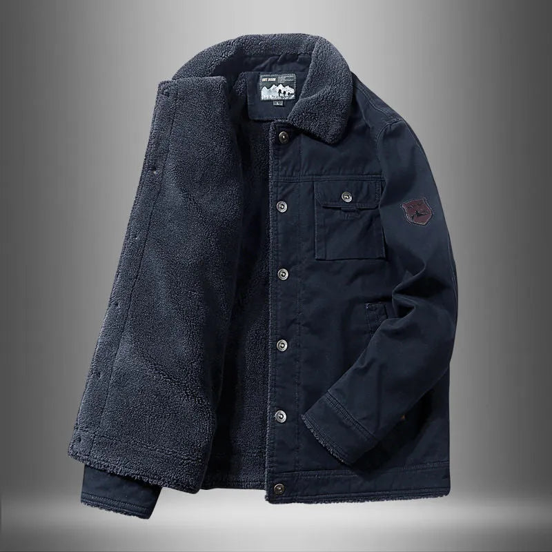 Men's thick fleece short cotton jacket in army green with single-breasted placket and fleece lining