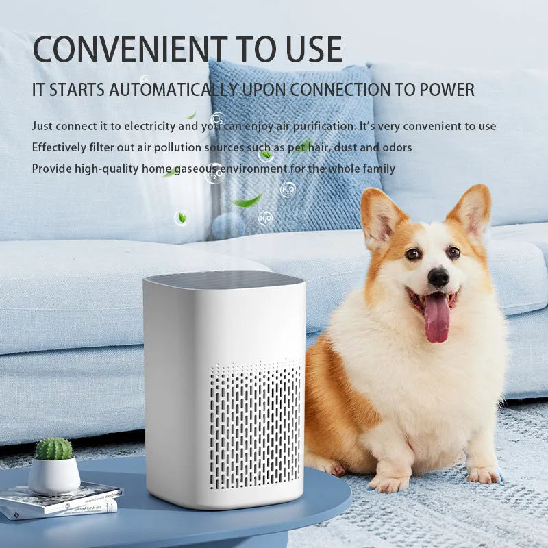 Desktop air purifier machine with USB cable on a work desk