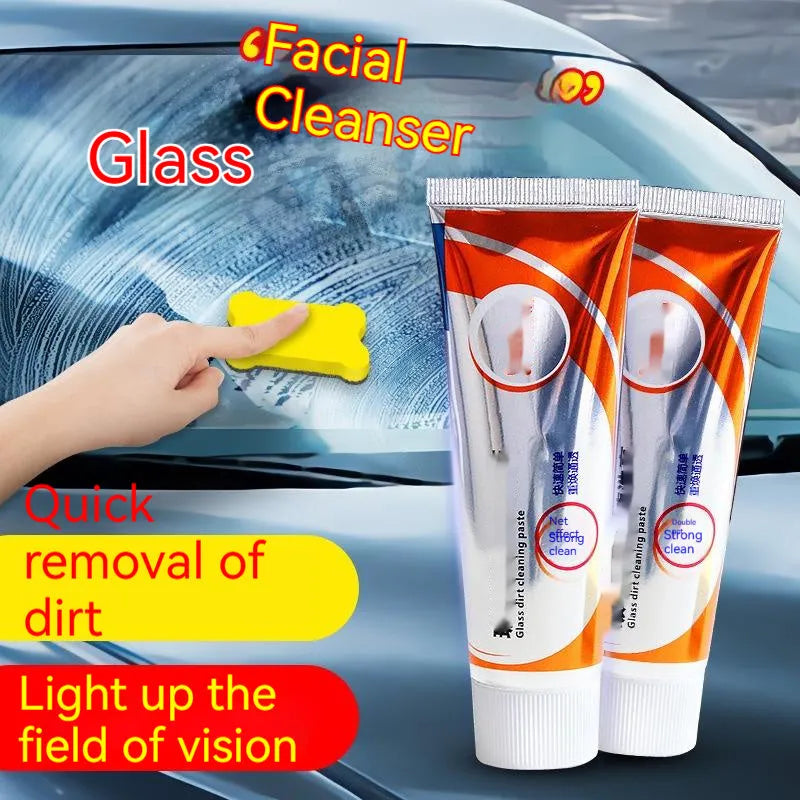 White car windscreen cleaning paste in 13.2cm container with sponge mop for oil stain removal
