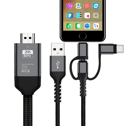 Black 4K 3in1 HDMI wireless WiFi adapter cable connecting Android iOS phone to TV for screen mirroring