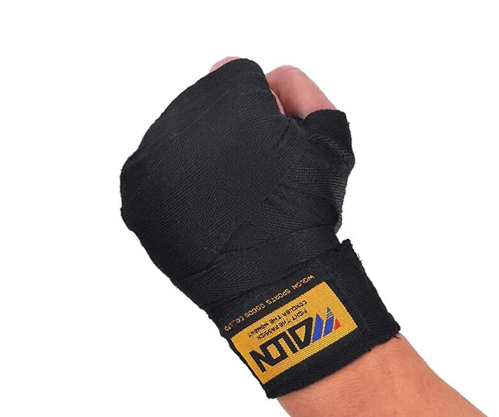 Cotton boxing hand wraps showing 2.5-metre length and 5cm width for martial arts training