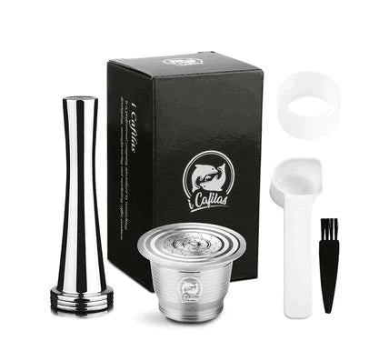 Stainless steel reusable Nespresso coffee capsule with tamper and spoon
