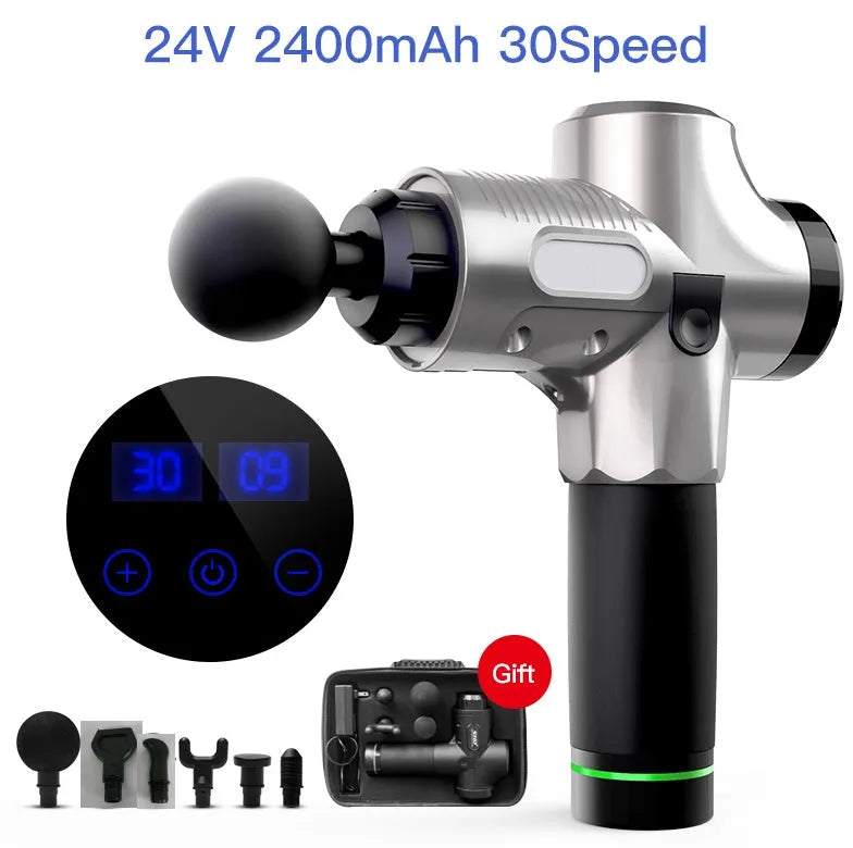 Fascia massage gun with six massage heads, 30-speed control, black colour, rechargeable battery