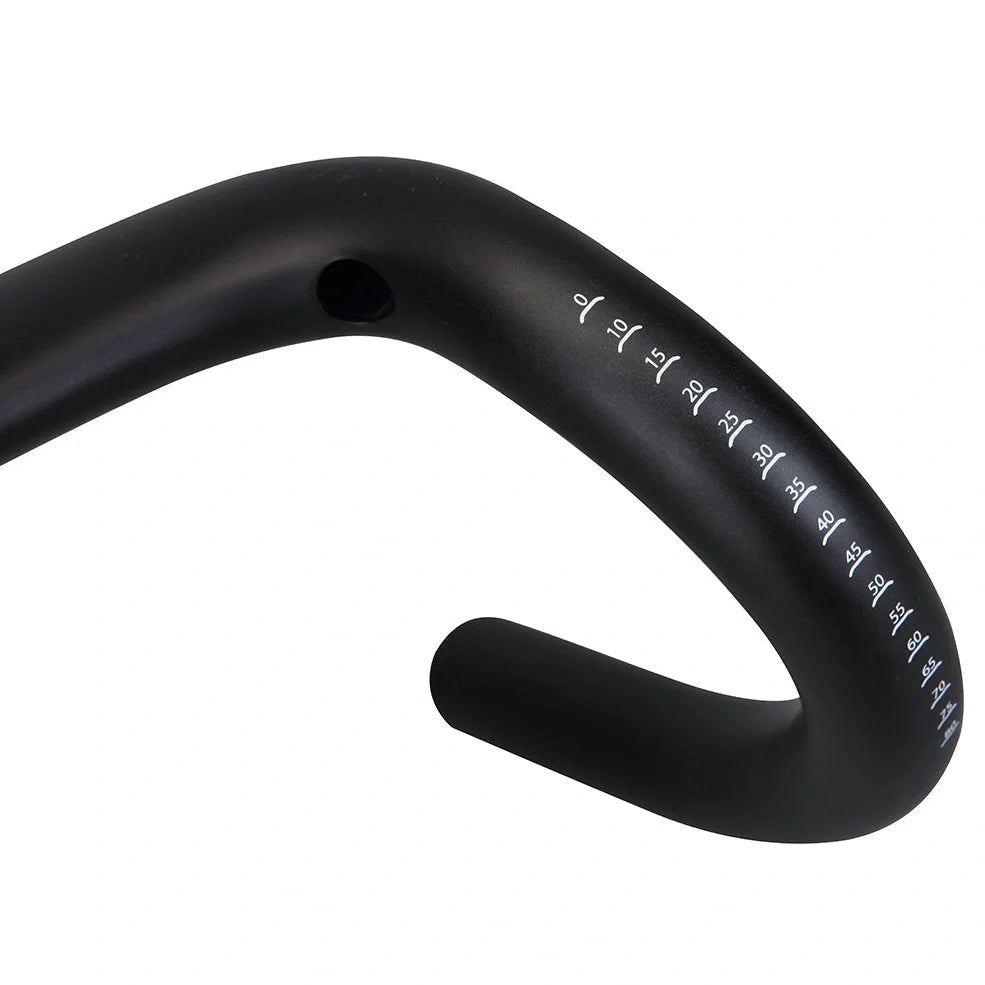 Black carbon fibre bicycle handlebar with bent design showing 125mm vertical rise measurement