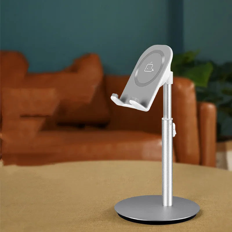 Silver metal computer phone holder on desktop with tablet showing 3-11 inch compatibility