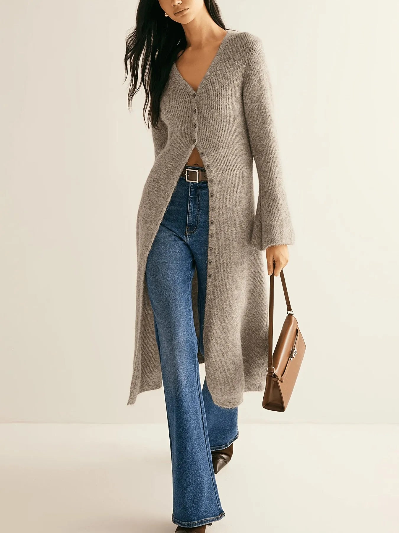 Khaki French retro style long sleeve coat cardigan with button front closure