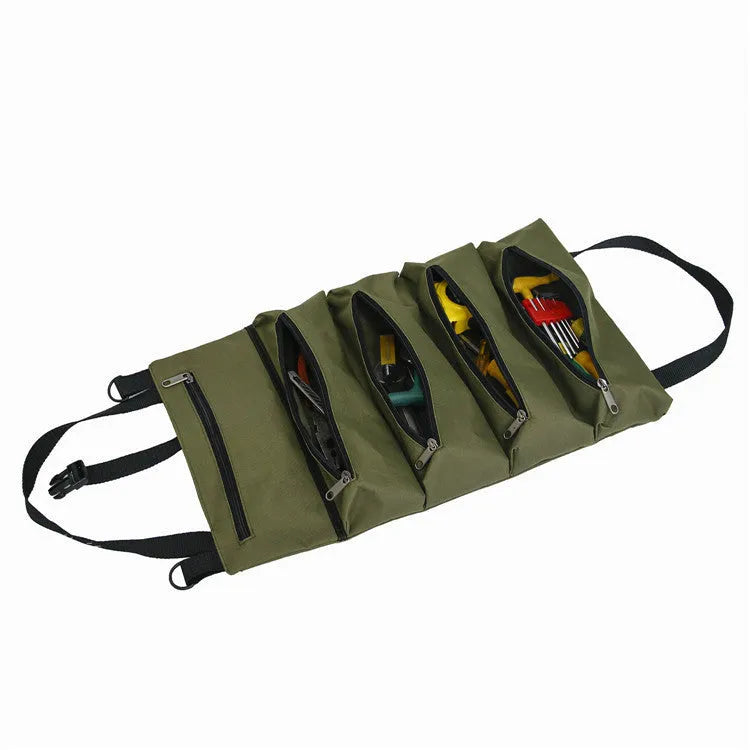 Car seat back tool organiser in camouflage Oxford cloth with five zippered pockets rolled up