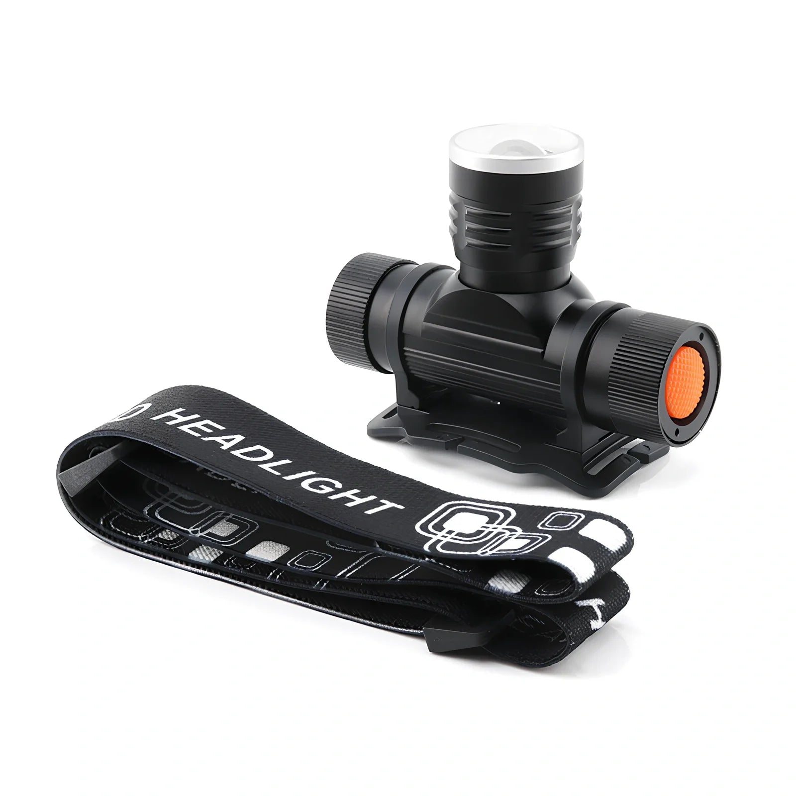 Black USB rechargeable T6 LED headlight with 1000 lumens, telescopic focus, and elastic headband on white background