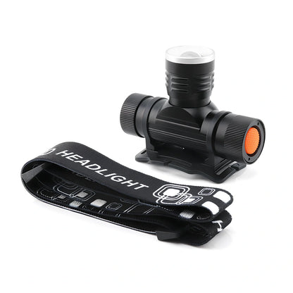 Black USB rechargeable T6 LED headlight with 1000 lumens, telescopic focus, and elastic headband on white background