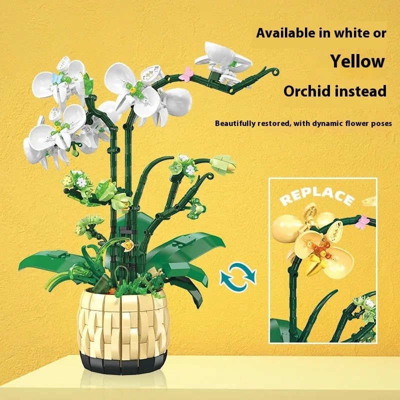 Orchid potted desktop decoration assembling building blocks toy in Jetstar 9067 colour with small plastic particles