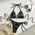 Sequin split swimsuit for women, backless bikini set in black, front view