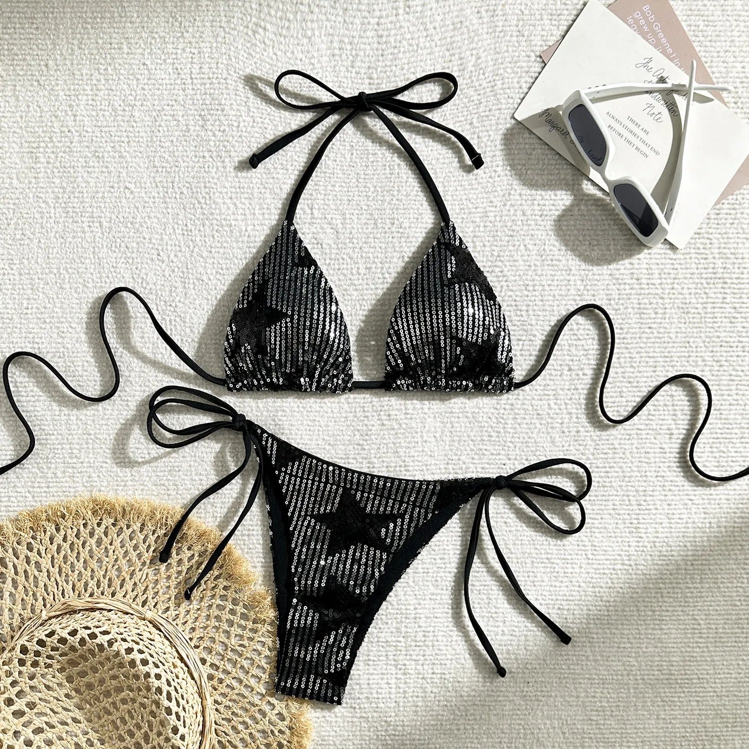 Sequin split swimsuit for women, backless bikini set in black, front view