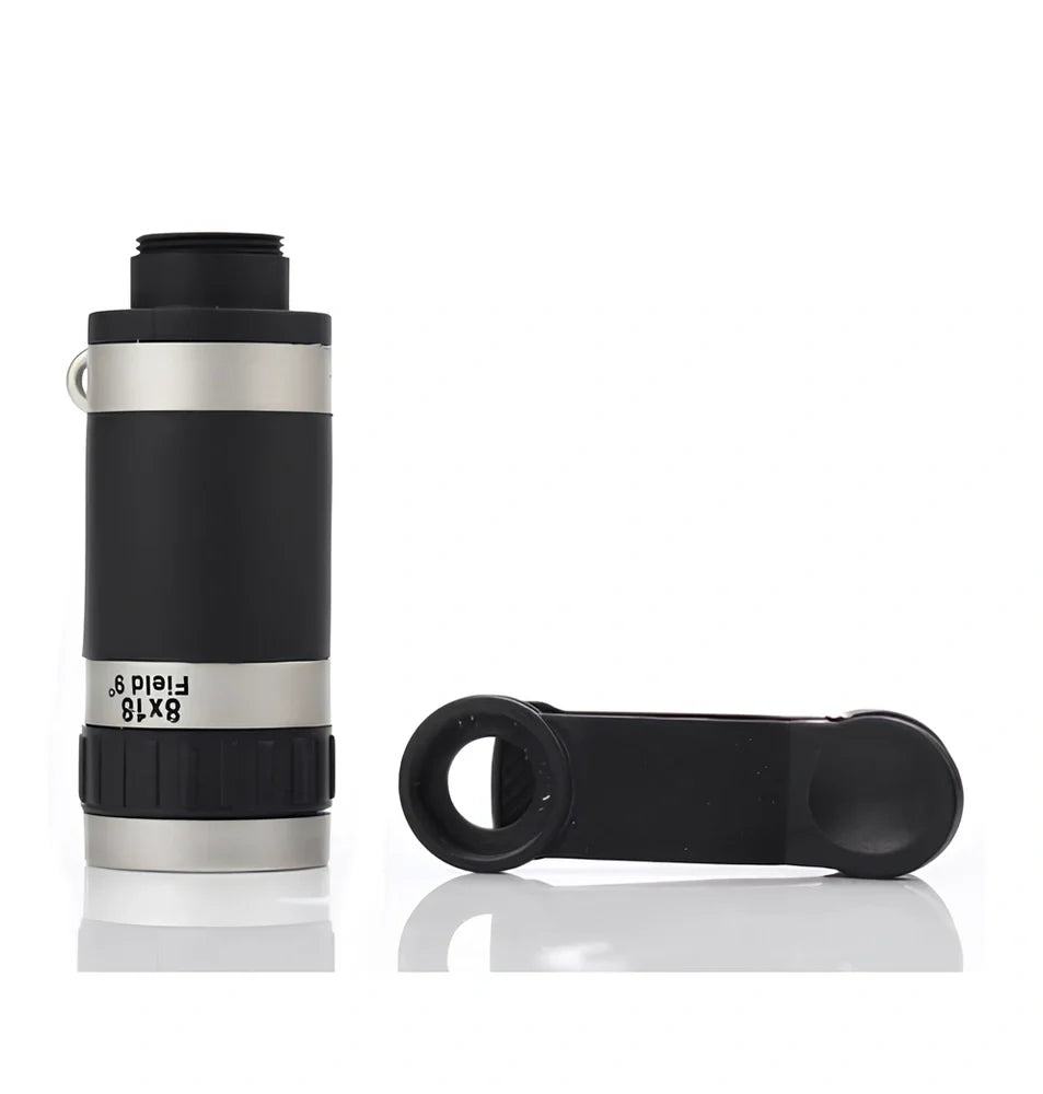 Silver 8x optical telescopic lens for phones, 1.2x7 inches, clips on for 240-yard magnification views