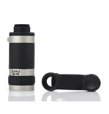 Silver 8x optical telescopic lens for phones, 1.2x7 inches, clips on for 240-yard magnification views