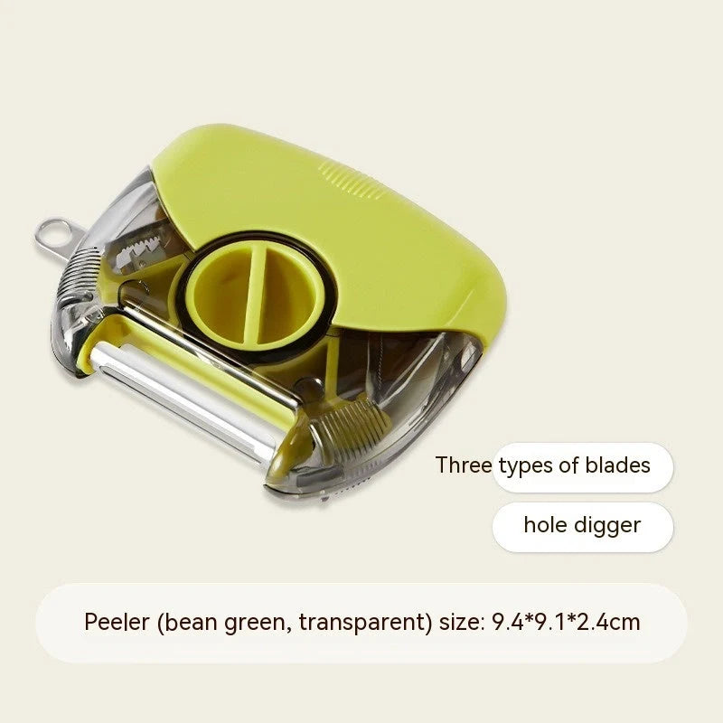 3-in-1 stainless steel peeler shredder with green and gray options for versatile kitchen tasks