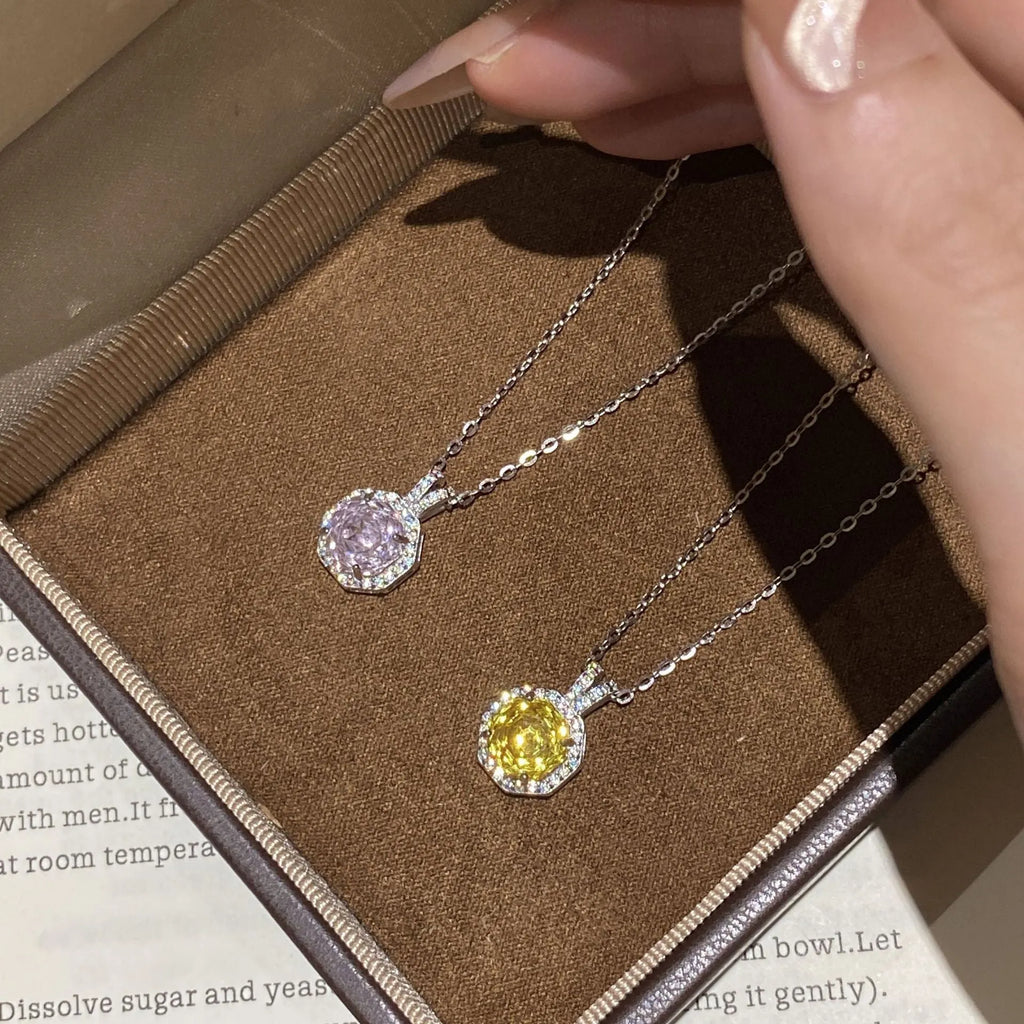 925 silver octagonal rose cut zircon collarbone chain necklace on model, platinum-white electroplated finish