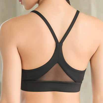 Women's black mesh back triangle push-up sports bra, racerback design for gym and running, sizes S-XL fitting 40-67kg