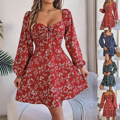 Stylish floral dress with lantern sleeves in various colors and sizes, showcasing a comfortable and flattering A-line silhouette.