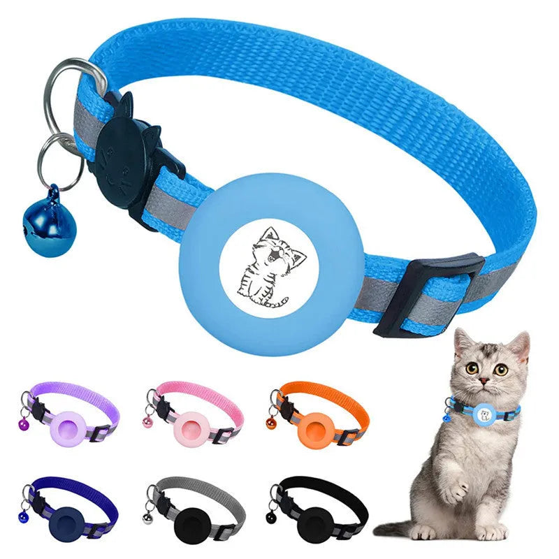 Apple Airtag protective cover collar for cats in stripes pattern with bell and reflective material