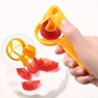 Manual tomato slicer with serrated knife for even dicing, available in red and yellow