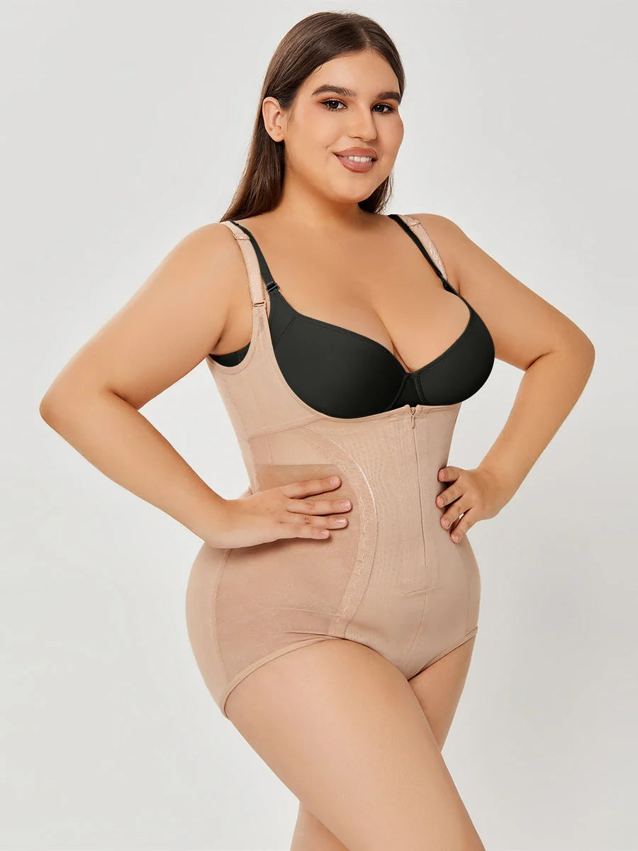 Women's shapewear bodysuit for tummy control and slimming effect in black and apricot