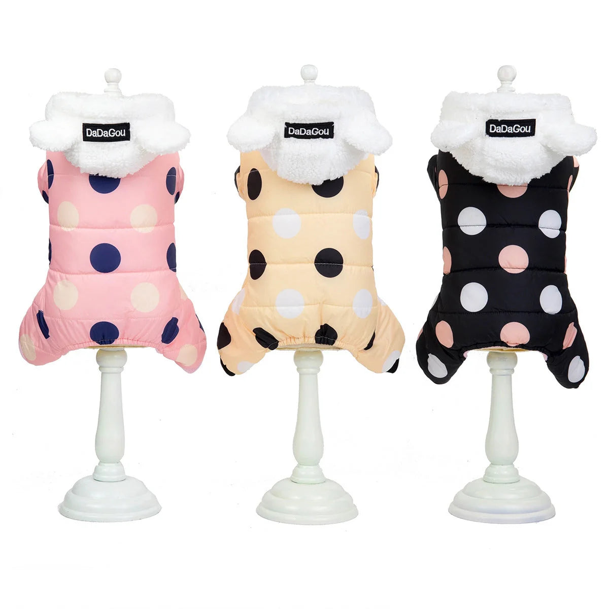 Big polka dot cotton coat with four-leg design in pink, black, and light yellow