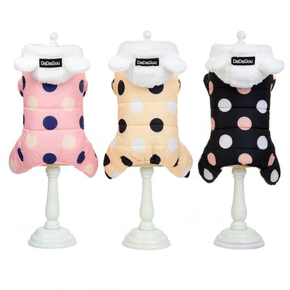 Big polka dot cotton coat with four-leg design in pink, black, and light yellow