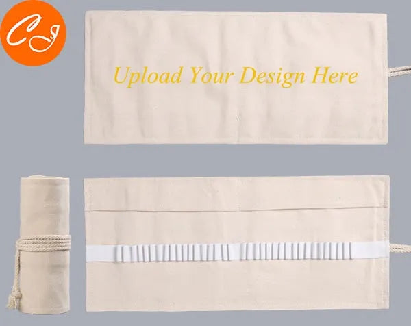 Canvas pencil wrap roll up case with multiple elastic bands holding pens and pencils, in a compact roll.