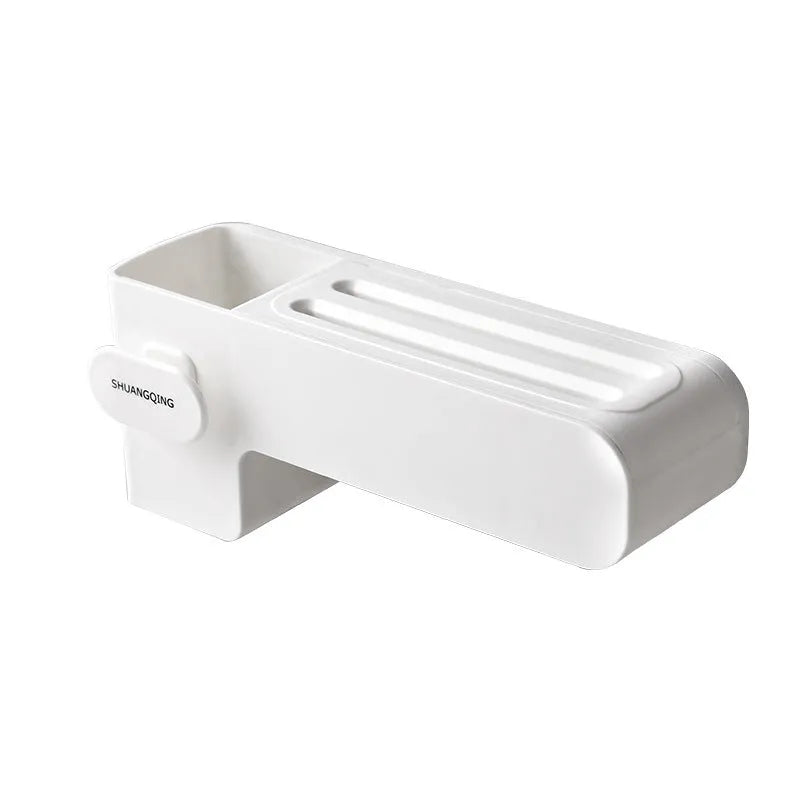 White plastic kitchen knife rack mounted on wall with dimensions 10.6 cm wide by 26 cm tall