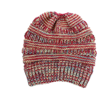 Mixed colour knitted wool hat for ladies with ponytail opening, available in various colours