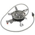 Silver portable split stove for outdoor camping and picnics on a flat surface.