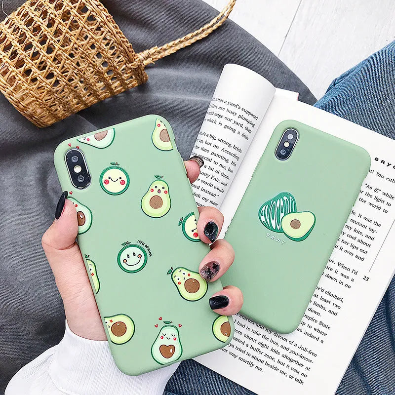 Green cartoon avocado design on a flexible black TPU phone case for iPhone.