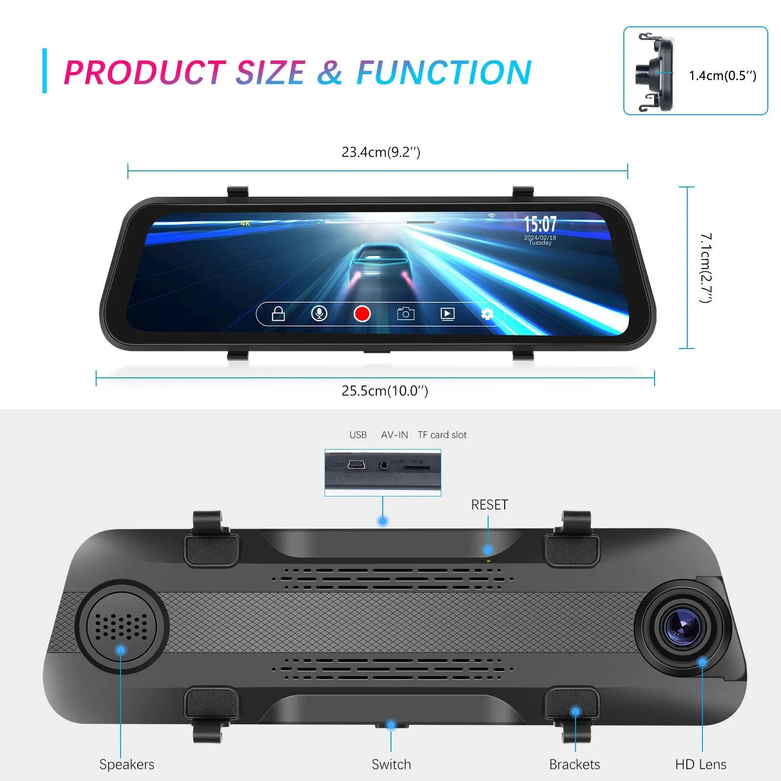 9.66 inch streaming media rearview mirror with touch screen and dual camera system for car.