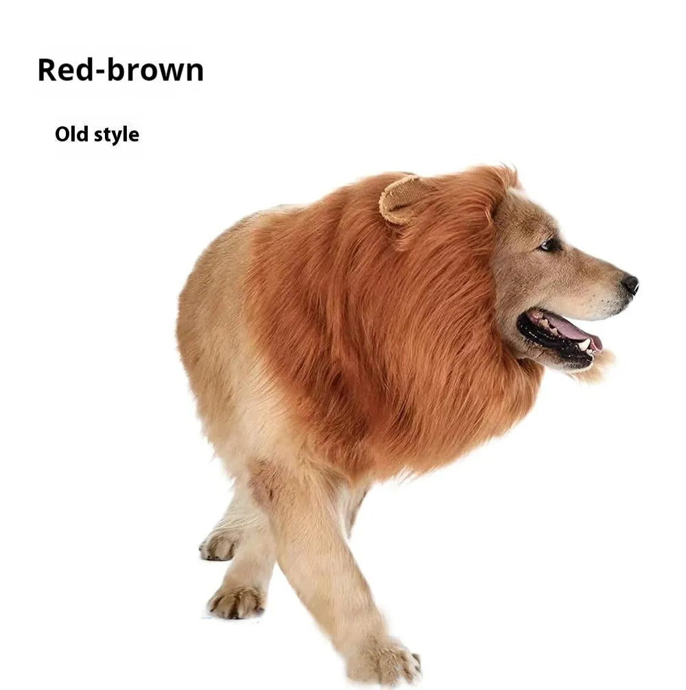 Brown dog wearing an adjustable lion mane wig costume with elastic band