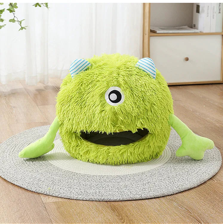 Fluffy round plush cat bed with non-slip base shown in three size options
